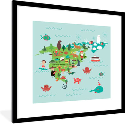 Wereldkaart Kinderen - Noord-Amerika - Groen - Schoolplaat - Kinderkamer - 40x40 cm
