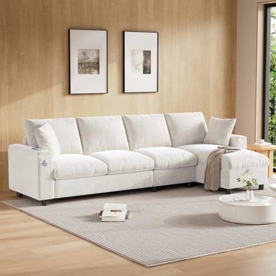 L-vorm chenille slaapbank met uitklapbare tafel en USB - 3-4 personen - beige - 2 drankhouders en opbergvak in armleuning - omkeerbare chaise longue - extra brede zitting