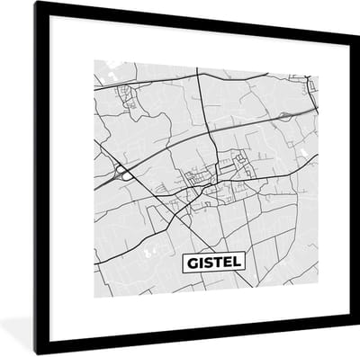 Fotolijst incl. Poster Zwart Wit- Stadskaart – Plattegrond – België – Zwart Wit – Gistel – Kaart - 40x40 cm - Posterlijst