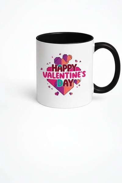 Valentijnsdag Mok 'Happy Valentine's Day' met Geometrische Harten - Wit/Zwart Design