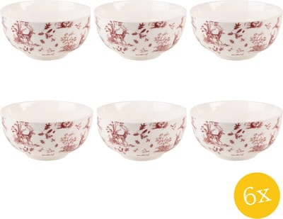 Clayre & Eef Soepkom set van 6 stuks 500 ml Beige Rood Porselein Rendieren en bomen Serveerkom