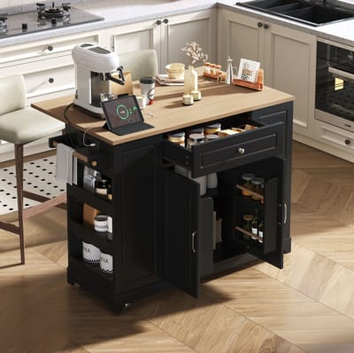 MEUNIQ Keukeneiland op wielen 131,8 x 40-70 x 93,3 cm met uitklapbaar werkblad, lades, open opbergruimte, afvalbakvak, stopcontacten en USB, zwart naturel