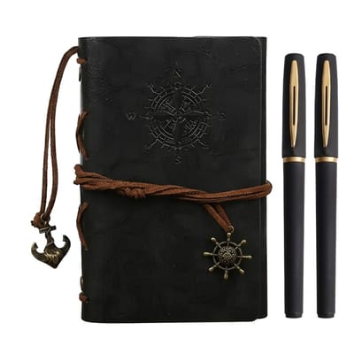 Zwarte schrijfwarenset dames heren notitieboek met gel pennen set leer look hardcover dagboek met sluiting en kompas design inclusief 2 pennen 3 delig