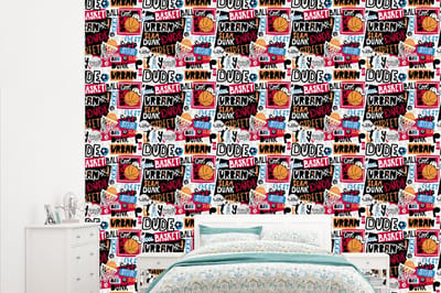 Behang - Fotobehang Basketbal - Quotes - Patroon - Alfabet - Breedte 315 cm x hoogte 260 cm