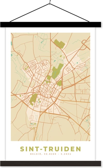 Posterhanger incl. Poster 40x60 cm - Schoolplaat - Vintage - Plattegrond - Stadskaart - Sint-Truiden - Kaart - Textielposter - Zwarte latten - Stadskaart