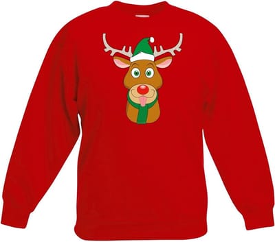 Rode kersttrui rendier Rudolf met groene kerstmuts voor jongens en meisjes - Kerstruien kind 98/104