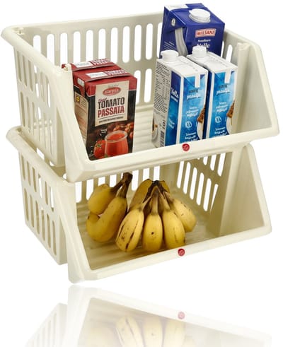 Groentemand 2 Stuks Crème – Opbergmand Groente & Fruit – Fruitmand Keuken – Mandenrek Aardappelen Uien – Stapelbare Manden – Keuken Organizer