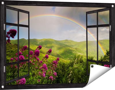 Gards Tuinposter Doorkijk Regenboog in de Heuvel Bossen - 90x60 cm - Tuindoek - Tuindecoratie - Wanddecoratie buiten - Tuinschilderij