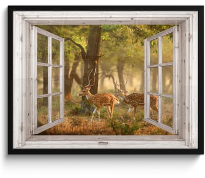 Poster in lijst - Fotolijst 70x50 cm - Posters - Herten - Bos - Herfst - Bosdieren - Natuur - Hert - Doorkijk - Posterlijst zwart - Decoratie - Wanddecoratie woonkamer - Muurdecoratie slaapkamer