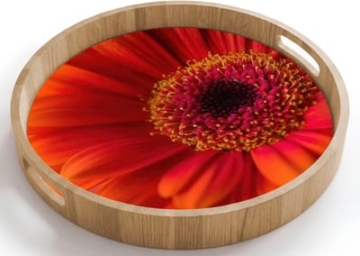Dienblad rond 40x40 cm - Schootdienblad hout - Oranje - Gerbera - Intens - Borrelplank rechthoek - Plateau houten dienbladen