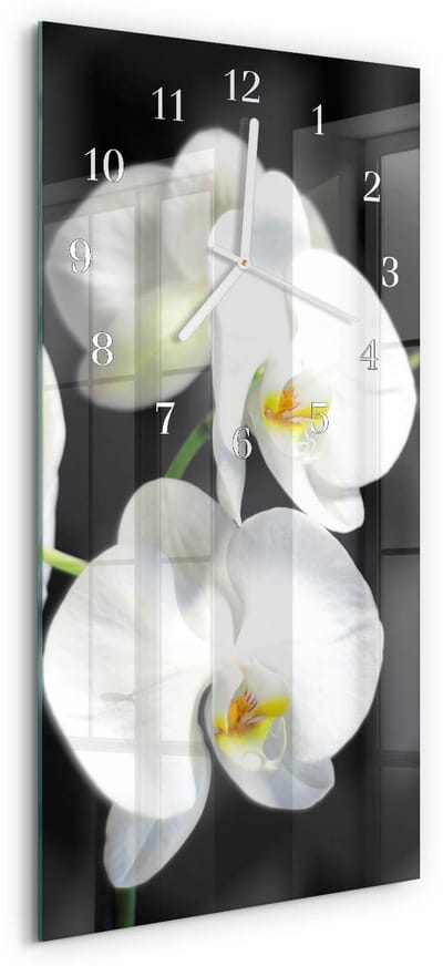 Tulup Wandklok - Orchidee Klok Glas Met Opdruk - 30x60 cm - Veelkleurig Moderne Wandklok Glas - Witte Handen - Rechthoekige Wandklok - Wandklok Glas Decoratie - Gekleurde Glazen Klok