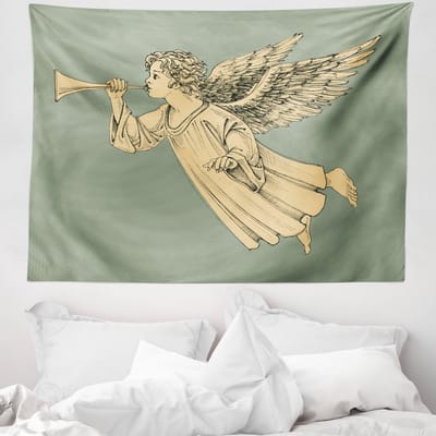 ABAKUHAUS Kersttapijt en sprei, vliegende engel afbeelding, zachte microvezelstof wanddecoratie voor slaapkamer 150 x 110 cm geel mint