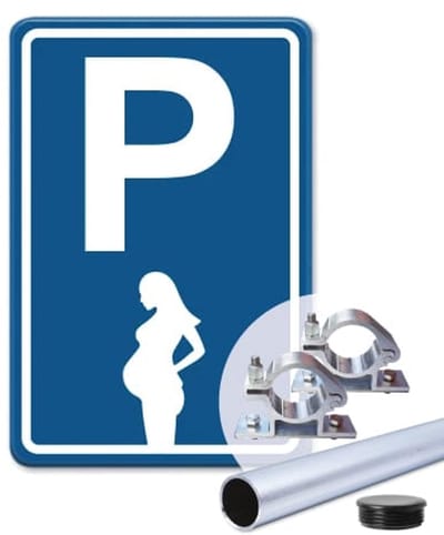 Parkeerbord Zwanger - blauw - Weerbestendig Aluminium - 30x45 cm - Bevestiging: Met paal 150 cm + paalbeugels + paaldop