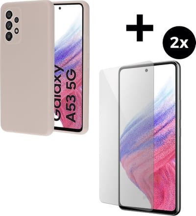 Mobiparts Silicone Cover hoesje geschikt voor Samsung Galaxy A53 (2022) 5G met 2 Screenprotectors van Gehard Glas - Roze/Beige