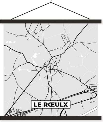 Posterhanger incl. Poster 60x60 cm - Schoolplaat - België – Le Rœulx – Stadskaart – Kaart – Zwart Wit – Plattegrond - Textielposter - Zwarte latten - Stadskaart