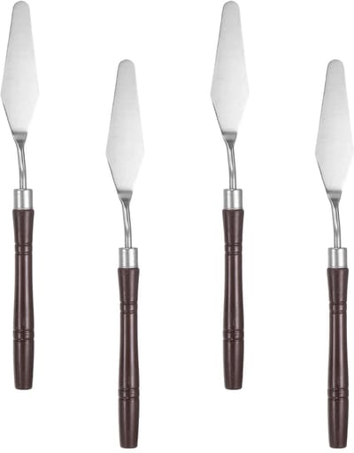 Set van 4 messen, schildergereedschap, 19 cm, spits roestvrijstalen lemmet, kunststof handvat, spatel, schilderpalet, mes voor olie, acryl, canvas, rood