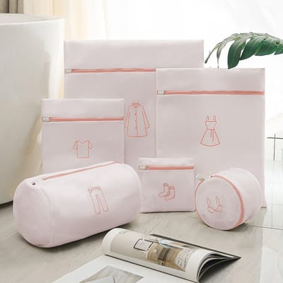 Waszakken - 6-pack waszakken met rits - Mesh waszakken voor wasmachines - Fijne mesh en grote mesh herbruikbare waszakken - voor delicate shirts, sokken, ondergoed, bh's, lingerie, babykleding - 160g kledinglabel roze