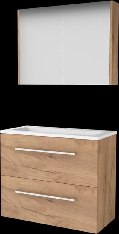 Basic Comfort 39 badmeubelset met spiegelkast, wastafelonderkast met grepen, 2 lades en acryl wastafel met 1 kraangat 80 x 39 cm, whisky oak