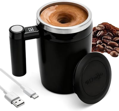 Zelfroerende mok met temperatuurweergave, 304 roestvrij staal, magnetische elektrische schudder, ideaal voor warme dranken zoals koffie, chocolademelk en melk (400ml)