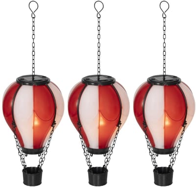 Lumineo solar luchtballon lantaarn - 3x - rood - H25 x D14 cm - kunststof - vlam effect - tuinverlichting