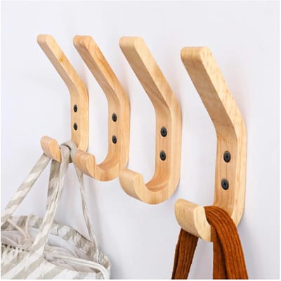 Dailygoody - Houten kledinghaken - J-type garderobehaken - Handgepolijst eiken - 4 stuks - Voor keuken en slaapkamer - Natuurlijke elegantie