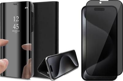 Hoesje geschikt voor iPhone 15 Pro - Privacy Screen Protector FullGuard - Book Case Spiegel Zwart & Screenprotector