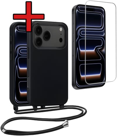 Hoesje Geschikt voor iPhone 17 Pro / 18 Pro Hoesje Siliconen Case Met Koord Met Screenprotector - Hoes Geschikt voor iPhone 17 Pro / 18 Pro Hoesje Backcover Met Telefoonkoord - Zwart