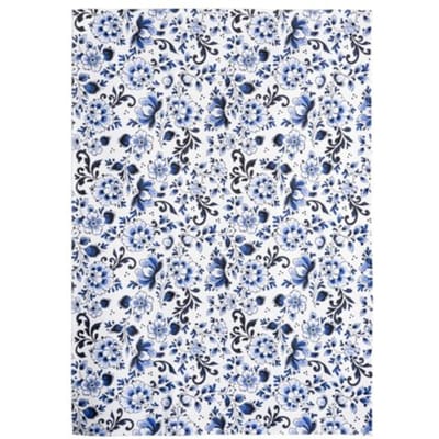 Heinen delfts blauw theedoek bloemen wit