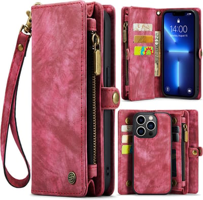 Geschikt Voor iPhone 13 Pro Max Hoesje - Solidenz Wallet Case - Telefoonhoesje 13 Pro Max - 13 Pro Max Case Met Pasjeshouder - Met Ritsvak - Met Polskoord - Portemonee Hoes - Rood