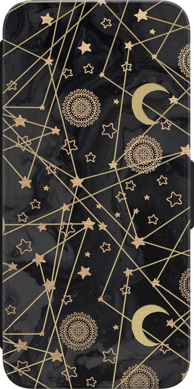 Leuke Telefoonhoesjes - Hoesje geschikt voor Samsung Galaxy S23 bookcase leer - Sterren, zon, maan - Sterren, zon, maan - Wallet Case met pasjeshouder - Sterren - Zwart, Goud
