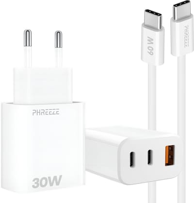 Phreeze snellader - 1m oplader met 3 poorten 2x 2 poorts met usb C naar usb C kabel - 30w usb C power adapter - Super fast charger