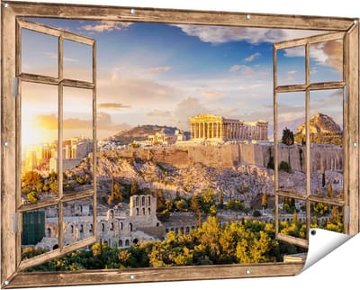 Gards Tuinposter Doorkijk Akropolis van Athene, Griekenland - Architectuur - 150x100 cm - Tuindoek - Tuindecoratie - Wanddecoratie buiten - Tuinschilderij