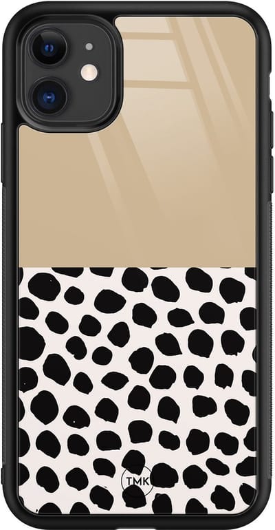 Hoesje geschikt voor Apple iPhone 11 - Brown dots abstract - Bruin - TPU luxe case (glossy toplaag) - Geometrisch patroon - Hardcase backcover zwart