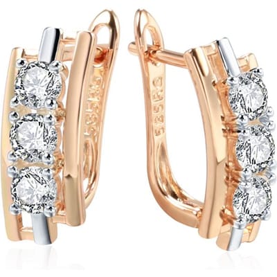 Boucles d'oreilles anglaises de luxe avec trois grands zircons blancs naturels pour femmes Couleur Or Rose Mélange Mariage Quotidien Bijoux Fins beige