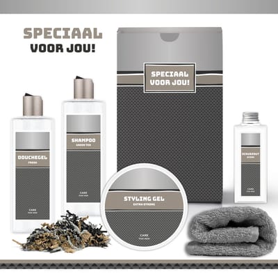 Geschenkset "Speciaal voor jou!" - 5 Producten - 900 Gram | Giftset voor hem - Luxe Wellness Cadeaubox man - Douchegel - Bodylotion - Styling Gel - Scrubzout - Vaderdag - Verjaardag Vader - Cadeau Pakket - Cadeau set - Vriend - Collega - Antraciet
