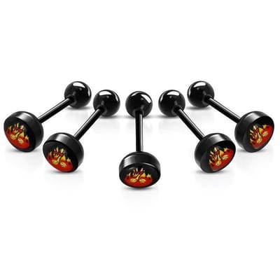 Aramat Jewels | Tongpiercings | Zwarte Bioplast Tongpiercing hem en haar | Vlammen-Dobbelsteentjes | |8mm | Kunststof | Volwassenen | Verkleurd niet