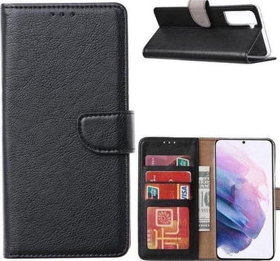 LuxeBass Boekhoesje geschikt voor Samsung Galaxy S21FE - Zwart gsm hoesje - telefoonhoes - telefoonhoesjes