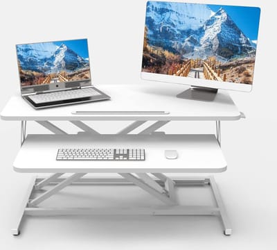 Staand bureau, in hoogte verstelbaar, bureau-opzetstuk, zit-sta-computertafel, 80 x 40 cm, met twee monitoren, toetsenbordhouder, wit