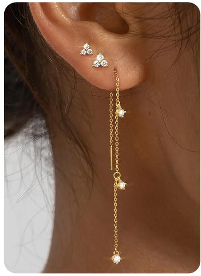 3 paar damesoorbellen, set met lange oorbellen, van 925 sterling zilver, verguld met 14 K goud, voor meerdere hypoallergene piercings