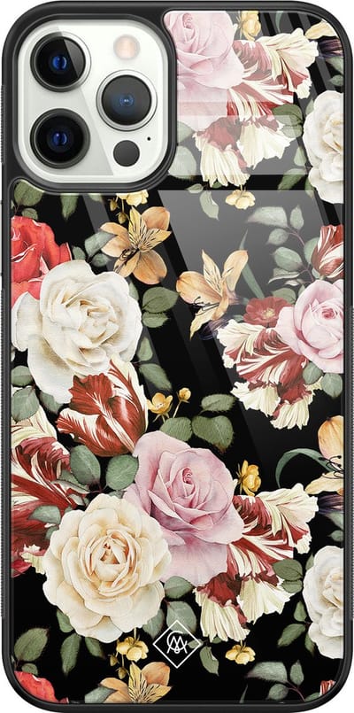Casimoda® hoesje - Geschikt voor iPhone 12 Pro - Bloemen flowerpower - Luxe Hard Case Zwart - Backcover telefoonhoesje - Multi
