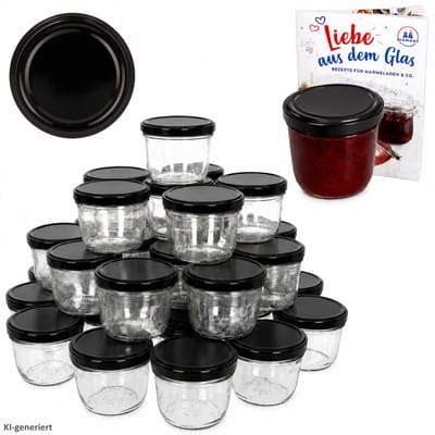 Set van 100 bekers 230 ml jampot inmaakpot Inmaakpot Naar 82 zwart deksel incl. Diamant-Zucker Gelierzauber receptenboekje