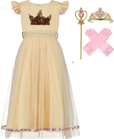 Prinsessenjurk meisje - Verkleedkleding - Feestjurk - Kerst - maat 104/110 - met pailletten kroon -Kroon - Magische Toverstaf - Lange handschoenen - Goud