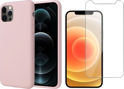 Hoesje geschikt voor iPhone 12 / 12 Pro - Screenprotector GlassGuard - Roze Liquid Siliconen Case