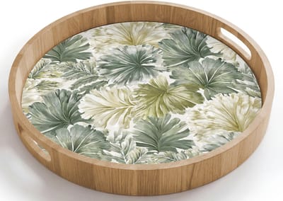Dienblad rond 40x40 cm - Schootdienblad hout - Bladeren - Botanisch - Groen - Borrelplank rechthoek - Plateau houten dienbladen