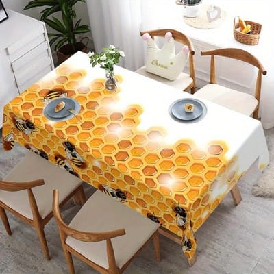 1 pièce Nappe à motif Ruche Vibrante - Design Doré & Orange avec Motifs en Nid d'Abeille, Parfaite pour la Salle à Manger, la Maison & la Décoration Extérieure 145x145cm