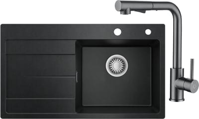 CECIPA MAX Granieten Spoelbak 78x45CM Zwart - Spoelbakken Keuken Met Keukenkraan Met Uittrekbare Uitloop - Spoelbak Met Planchet en Afdruiprek - Spoelbakken Incl. Sifon en Afvoerzeefje