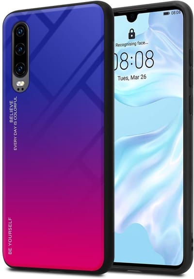 Cadorabo Hoesje geschikt voor Huawei P30 in PAARS - ROOD - Tweekleurige beschermhoes van TPU-silicone Case Cover en achterzijde van gehard glas
