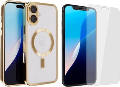 Coverzs bundel Magneet telefoonhoesje met Camerabescherming + Screenprotector - Geschikt voor Iphone 16 - Transparante backcover met gouden details - Geschikt voor magnetische accessoires - Glasplaat - Anti kras - Tegen krassen en stoten