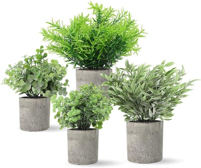 Dailygoods - Set van 4 kunstplanten binnenshuis in betonnen potten, plastic nepgroen potplanten, mini-kunstplanten in pot, mini-kunstplanten voor kantoor, slaapkamer, tafel, bureau, plank, woondecoratie