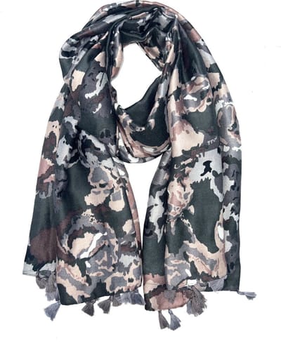 Lange dames sjaal Anesa camouflage print legerprint grijs zwart wit bruin antraciet koper roze cacao donkerbruin